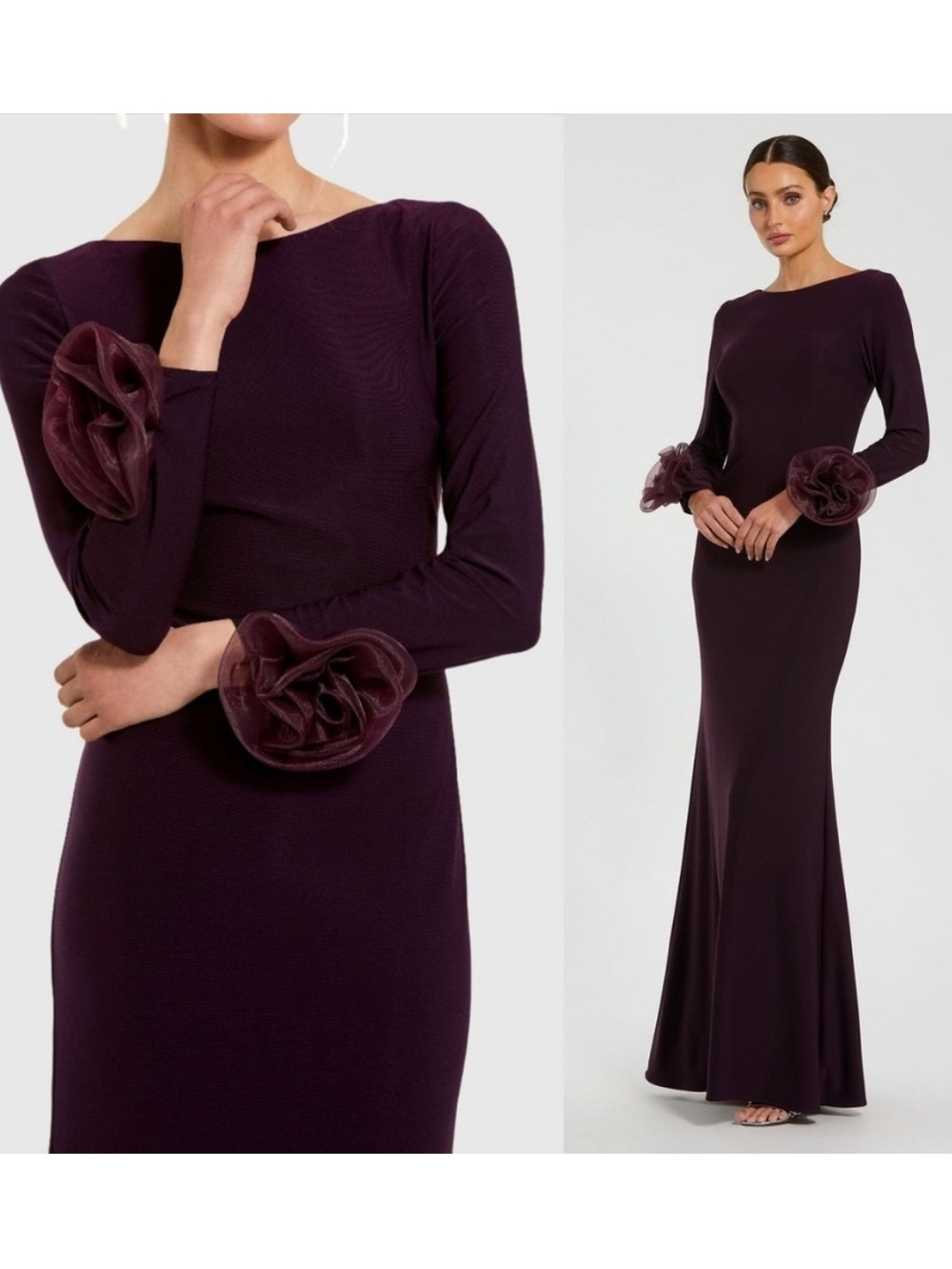 Mac Duggal Plum Long Sleeve Fitted Jersey Gown With 3D Flowers Size Small